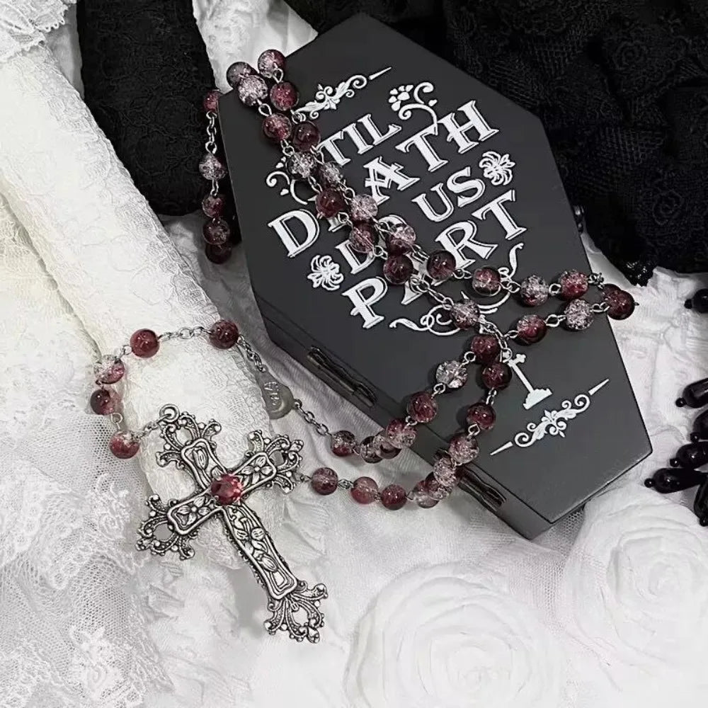 ヒップホップ ゴシック 古代シルバー バロック フラワーレリーフ クロスペンダント レッドガラス ロザリオネックレス レディース メンズ ハロウィンジュエリー