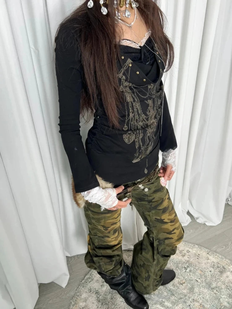 American Vintage Print T-shirt Women Aesthetic Punk Design Long Sleeve Gothic Y2k Tops Subculture Casual Retro Harajuku Tees