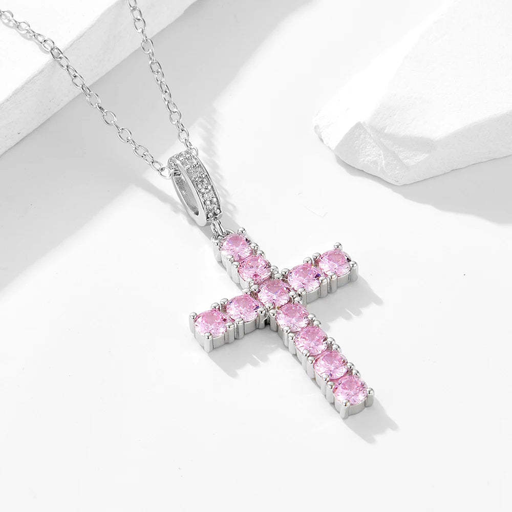 925 Silver Hip Hop Cross Necklace for Women Trendy Lightweight Pink Zircon Pendant Clavicle Chain Fashion Jewelry Accessory