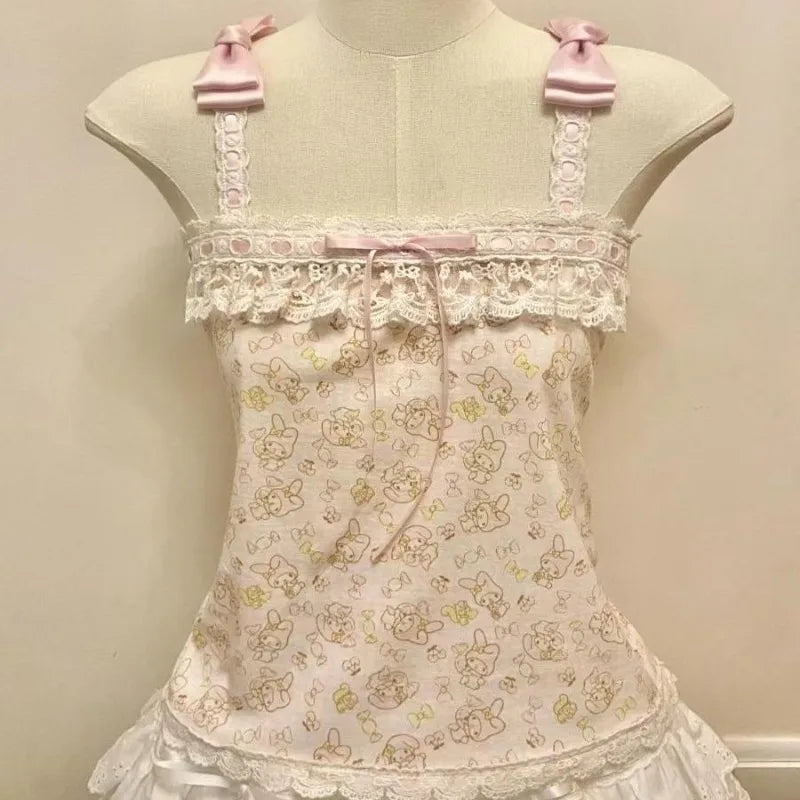 フレンチヴィンテージホットティーホルターベストサブカルチャーレースステッチタンクトップかわいいリボンデザイントップスレディースキュート漫画プリントキャミソール