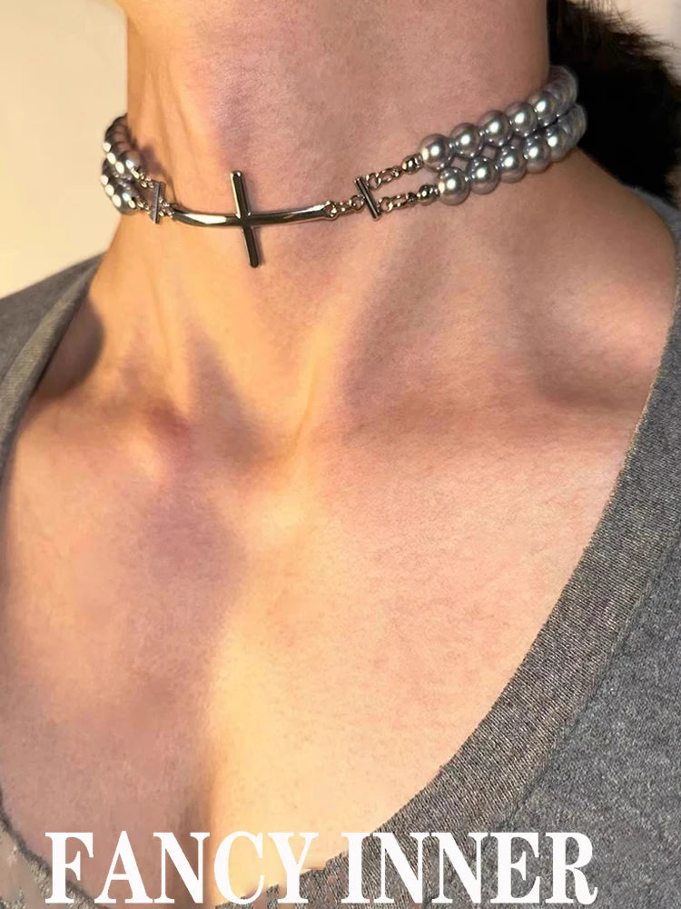 2024 New Pearl Cross Necklace Beaded Punk Cool Unisex Couple Trendy Neck Accessories Choker for Women Men Jewelry
