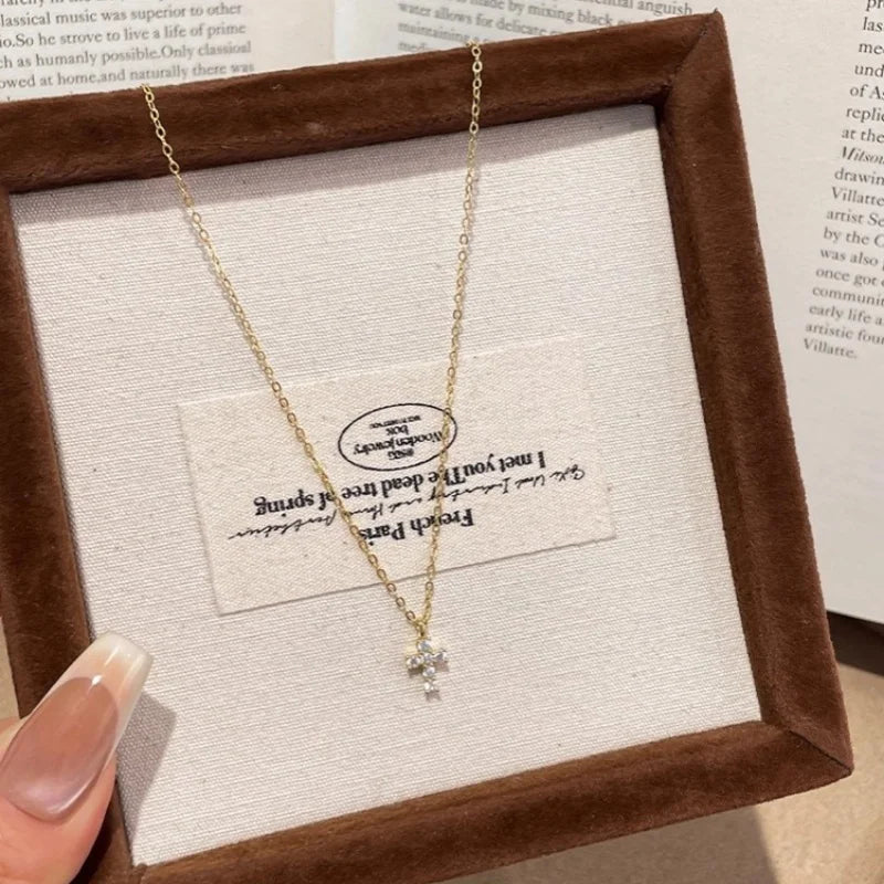 925 Sterling Silver Electroplated Real Gold Inlaid Zircon Cross Pendant Necklace for Women Fashionable Temperament Jewelry Gifts