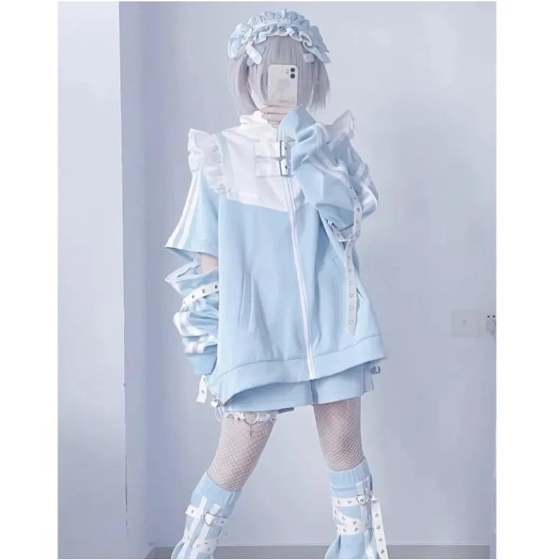 日本のサブカルチャーステッチパッチワークパーカー レディース 2024年秋 フリルエッジ 原宿系 Y2K パーカー 2000年代風 ルーズジッパー スウェットシャツ