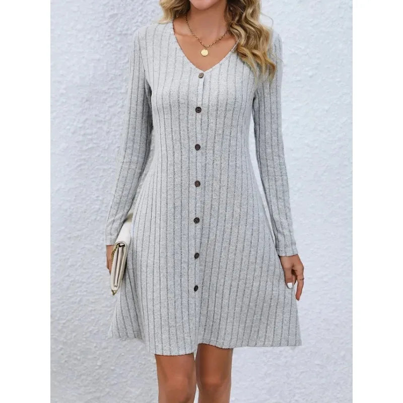 Women's Spring and Autumn Knee Length Skirt Fashion V-neck Waist Long Sleeve Dress