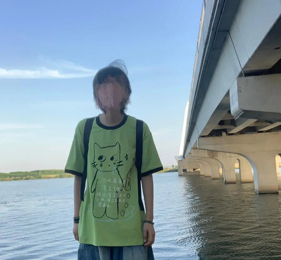 日本のサブカルチャー かわいい猫プリント 半袖Tシャツ レディース 夏 ヴィンテージ グリーン カジュアル ゆったり スウィートガール Y2K トップス