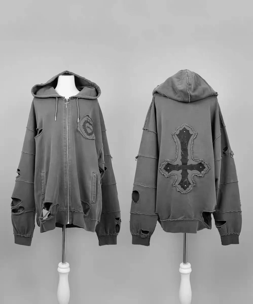 日本製 マインクロス リップド レトロ サブカルチャー フード付き スウェットシャツ カーディガン ジャケット レディース ゴス パンク ジッパー パーカー コート アウター