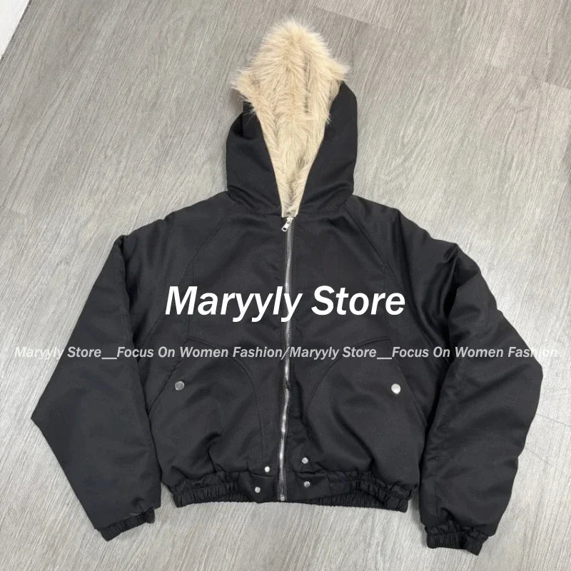 冬用エレガントファールーズコート レディース Y2K 原宿ゴシックカラーフード付き厚手ファッションパーカー カジュアルアウター コットンパッド入りジャケット