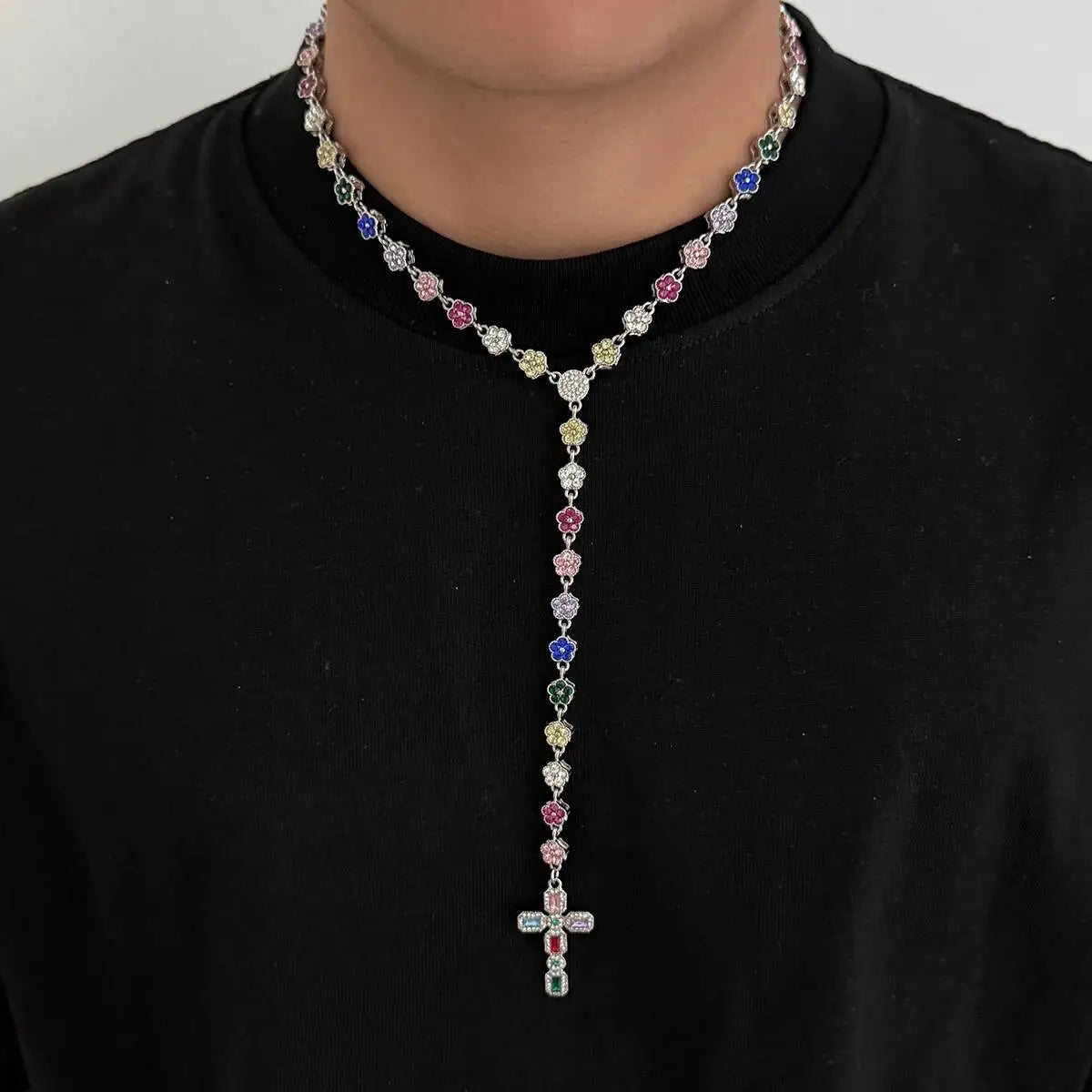 高級カラフルラインストーン イエス・キリスト 十字架ペンダントネックレス Y2K ヒップホップスタイル ユニセックス カップルチョーカー ファッションジュエリー メンズ