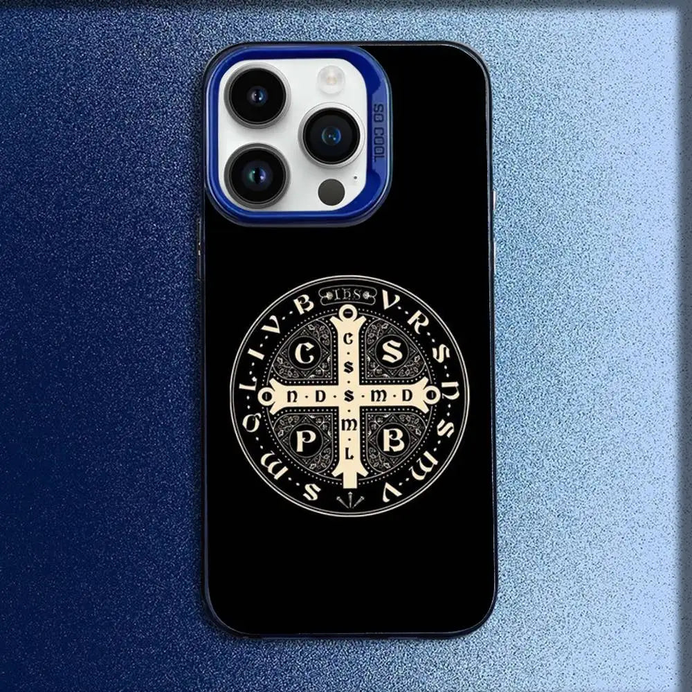 正教会の十字架アイコン教会電話ケース iPhone 16、15、14、13、12、11、Mini、Pro、E、MAX用 ブルーキャンディマット耐衝撃カバー