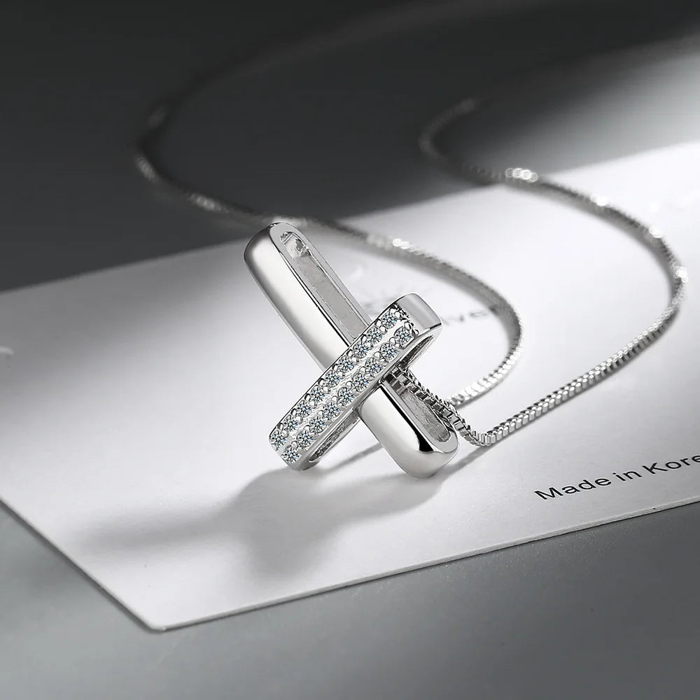 925スターリングシルバークロスバックルペンダントネックレス、ジルコン装飾、女性用ファッションジュエリー