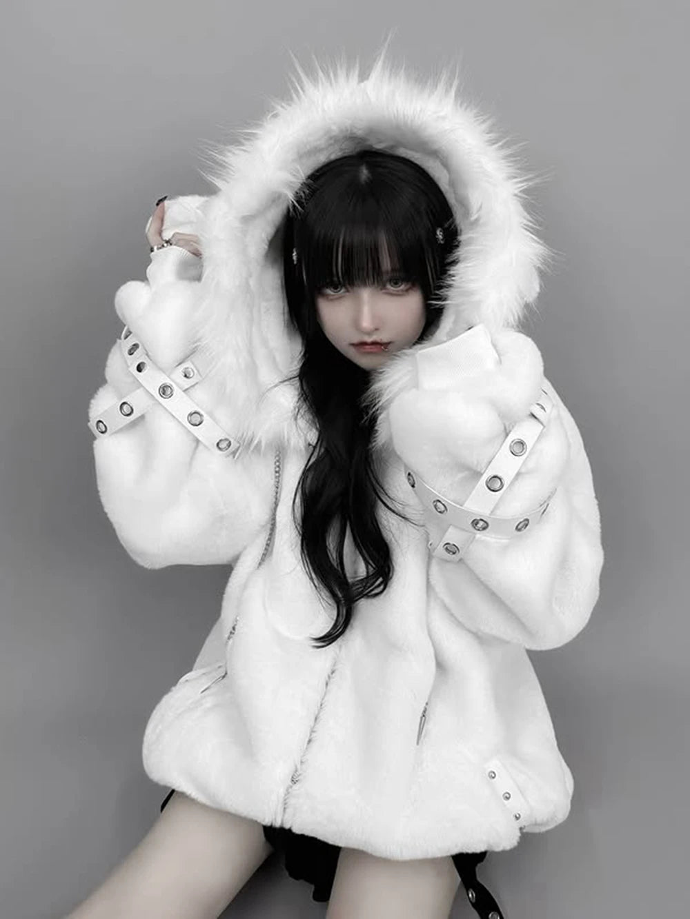 日本製マインシリーズ リベットクロス シープイヤー フード付きジャケット 冬物 新作 ゴスパンク ダークガールズ イミテーションファー プラッシュコート レディース