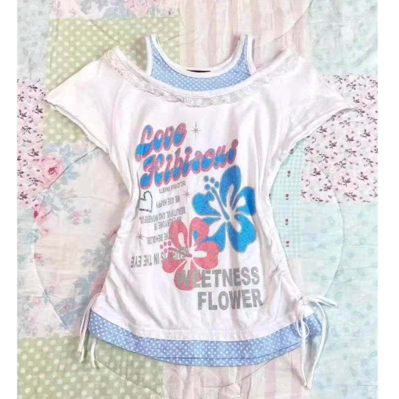 ヴィンテージ 原宿 Vネック バックレス Tシャツ レディース サマー グランジ カジュアル 女性用 Tシャツ パッチワーク Y2K クロップトップ サブカルチャー Tシャツ シック