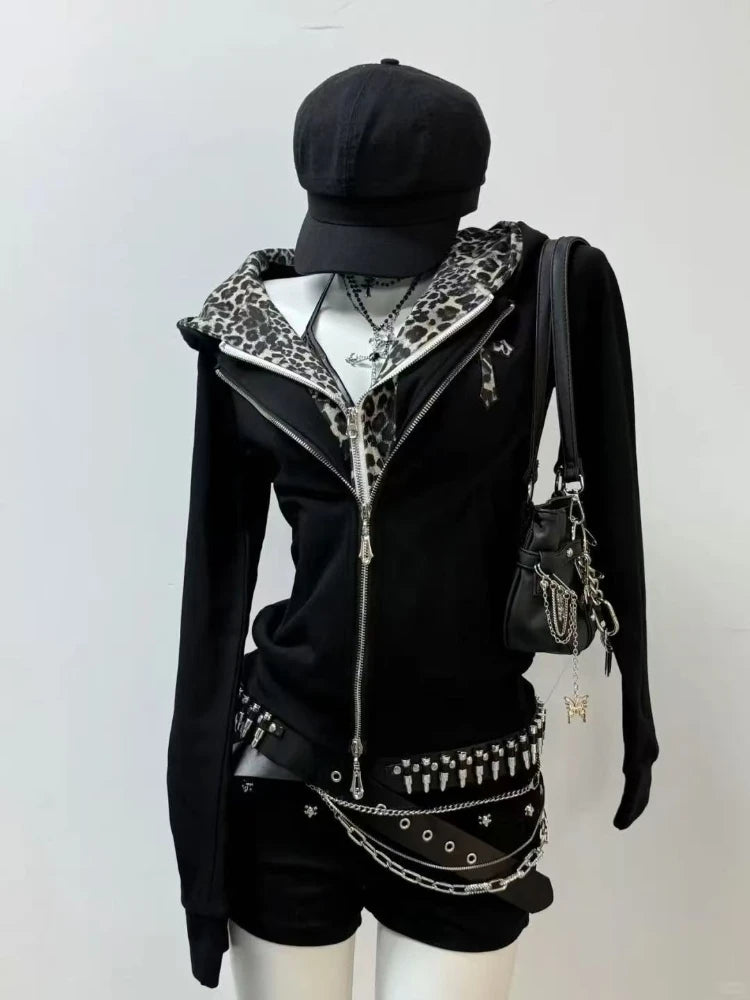 Subculture Y2k Leopard Print Patchwork Hoodie Autumn New Hot Girl Fake Two Piece Tops 2025 High Street Vintage Long Sleeve Coat