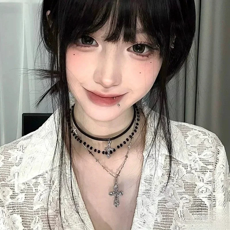 パンククロスチェーンダブルレイヤーネックレス メンズ レディース Y2K ファッショントレンド ロック パーティー グランジ EMO アクセサリー