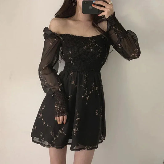 Women's Long Puff Sleeve Chiffon Dress, Sexy Black Dress Vintage Flower Casual Mini Party Dresses New Summer 13676