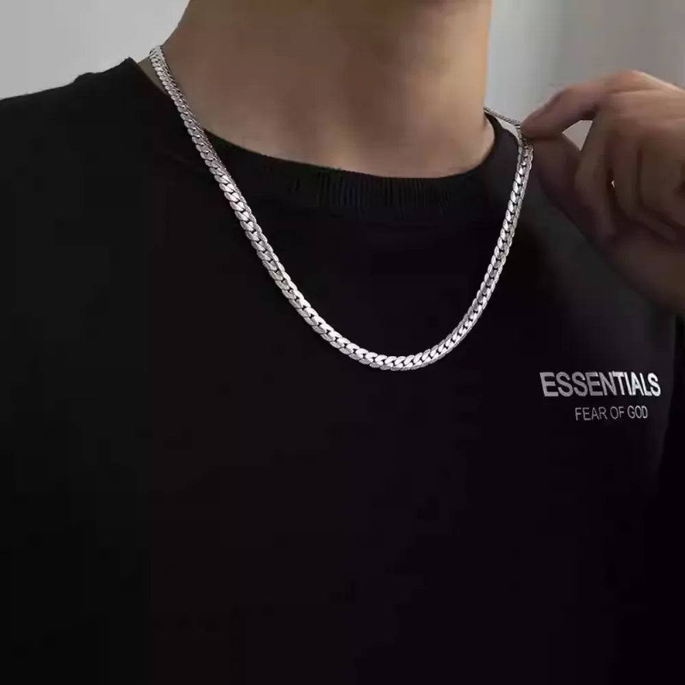 男性用高光沢キューバチェーンネックレス、7mmステンレススチールフラットキューバチェーンカラー、50/55/60cm男性用チェーン