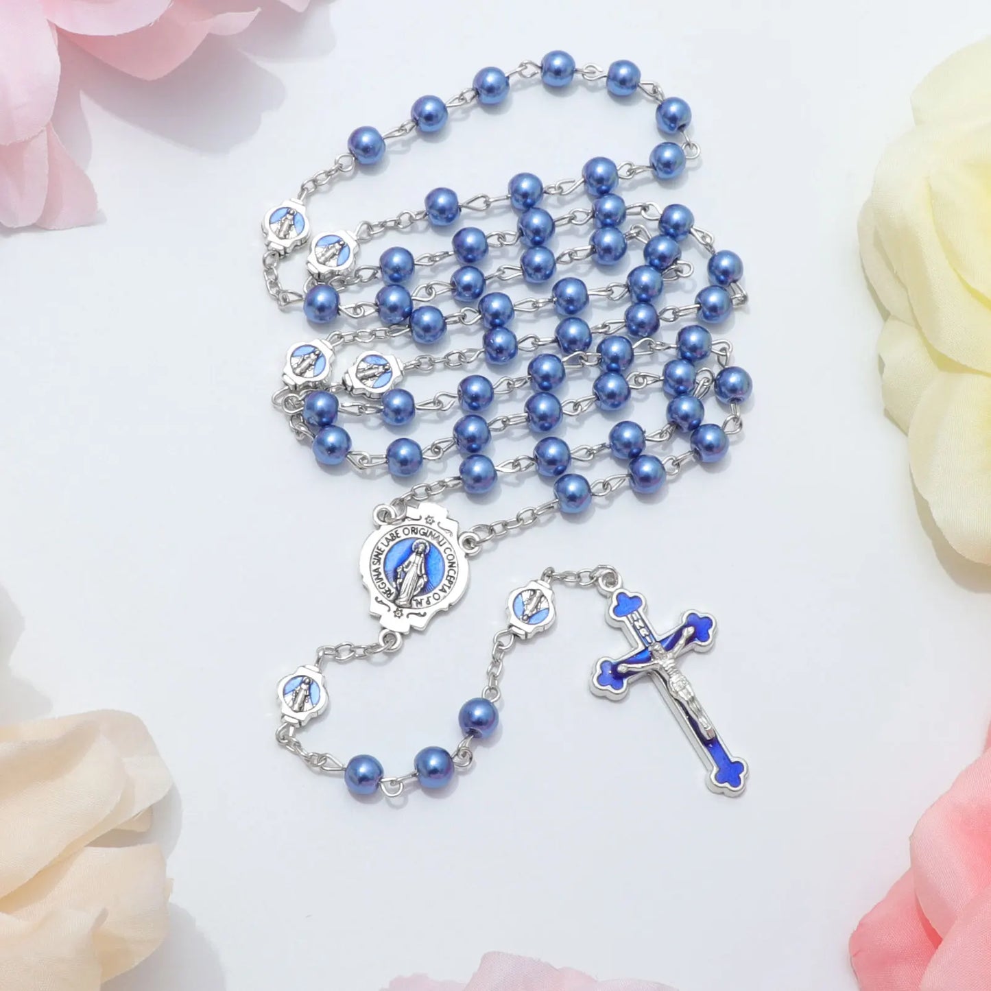 ブルーロザリオネックレス レディース メンズ 祈りビーズ ロングチェーン 宗教的 聖母マリア 十字架ペンダント メンズ パーティー ジュエリー ギフト