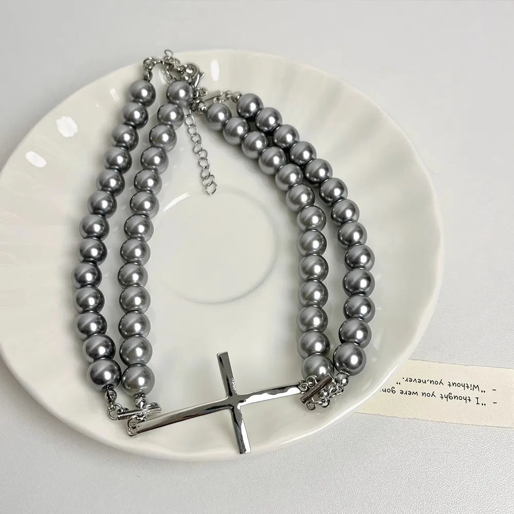 2024 New Pearl Cross Necklace Beaded Punk Cool Unisex Couple Trendy Neck Accessories Choker for Women Men Jewelry