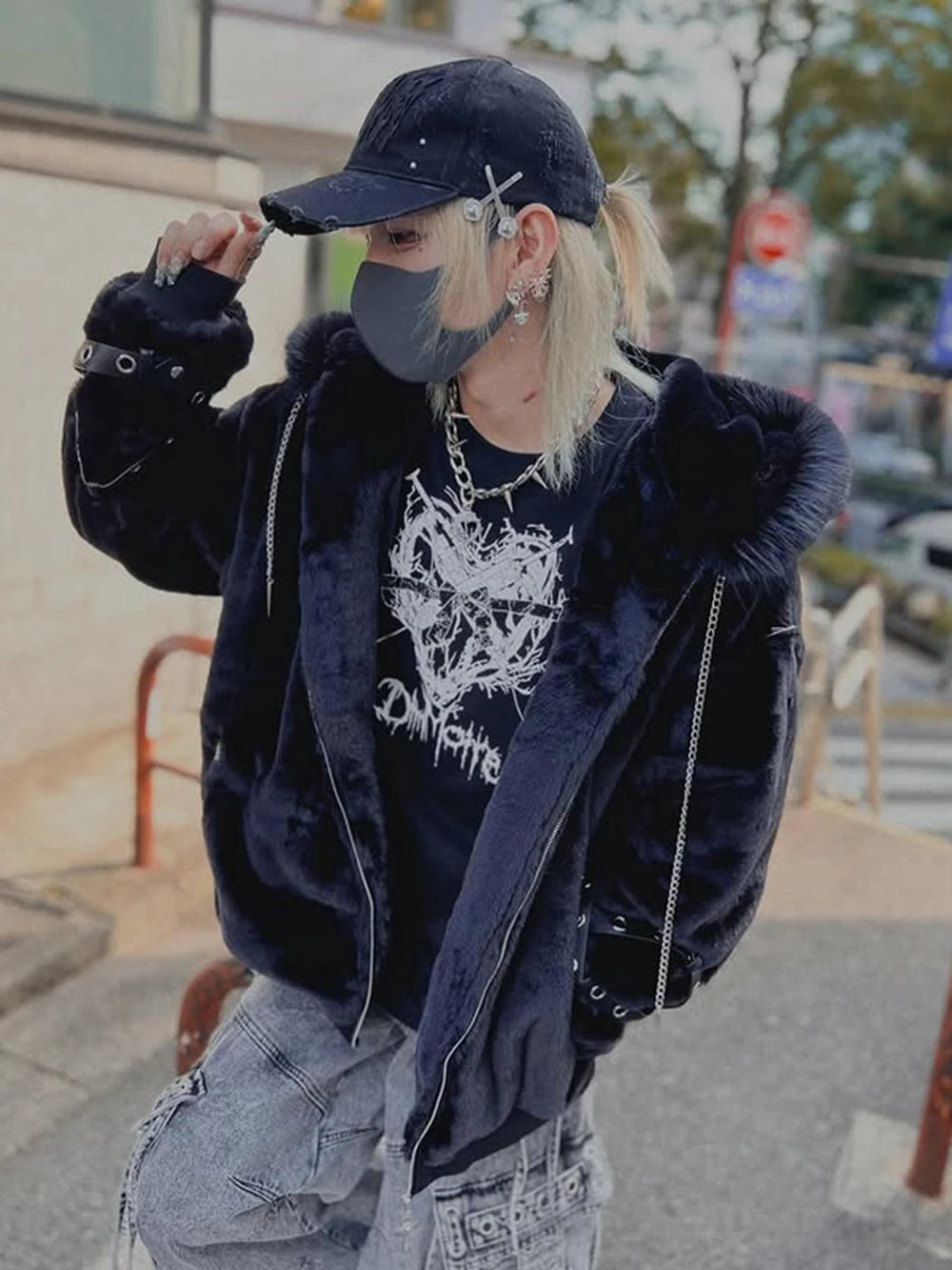 日本製マインシリーズ リベットクロス シープイヤー フード付きジャケット 冬物 新作 ゴスパンク ダークガールズ イミテーションファー プラッシュコート レディース