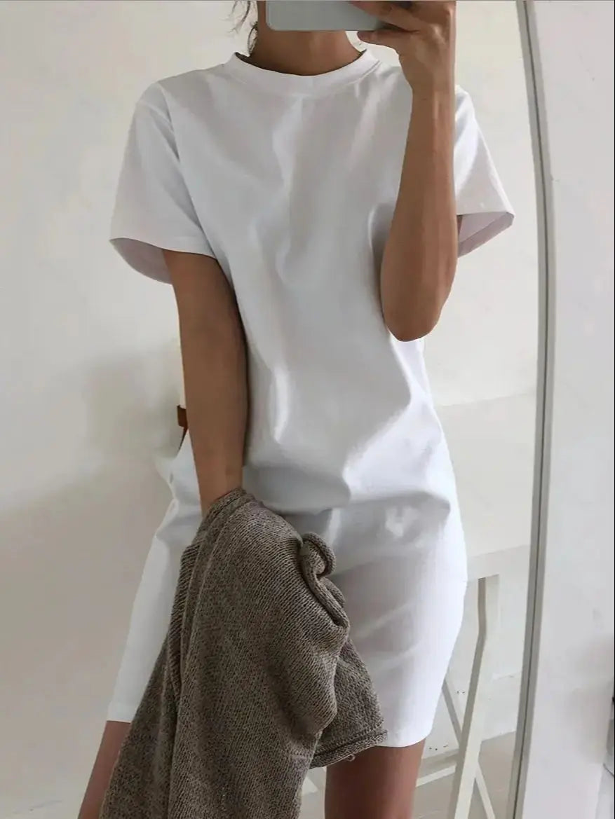 Women's fashionable small round neck simple solid color loose T-shirt dress 2025