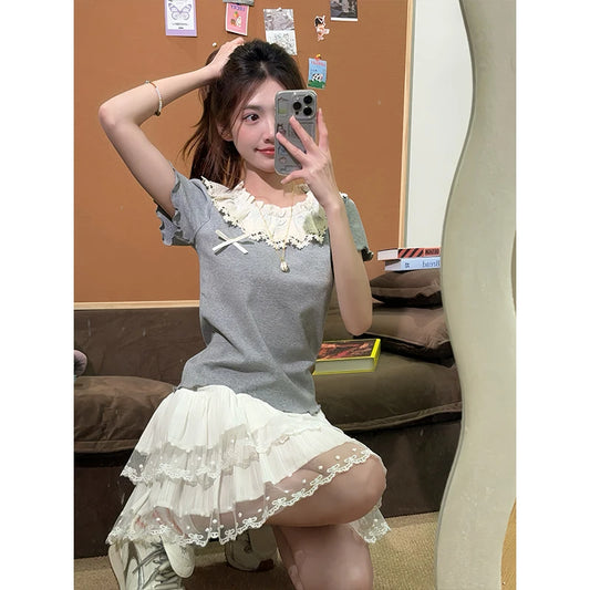 White Lace Splice A-Line  Skirt Flota Sweet Anti-Aging Girl Sle Cake Skirt Slimming High Waist Polyester Fibre