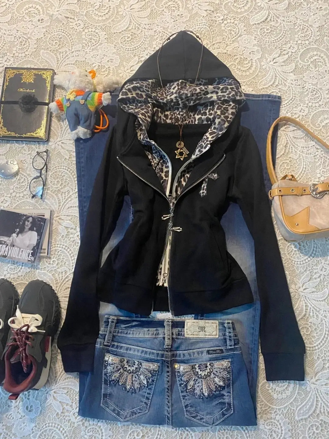 Subculture Y2k Leopard Print Patchwork Hoodie Autumn New Hot Girl Fake Two Piece Tops 2025 High Street Vintage Long Sleeve Coat