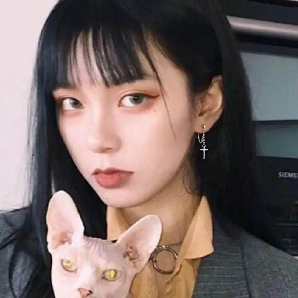 Punk Silver Cross Drop Earrings for Women Men Gothic Hip Hop Long Tassel Hanging Earring Jewelry Gift