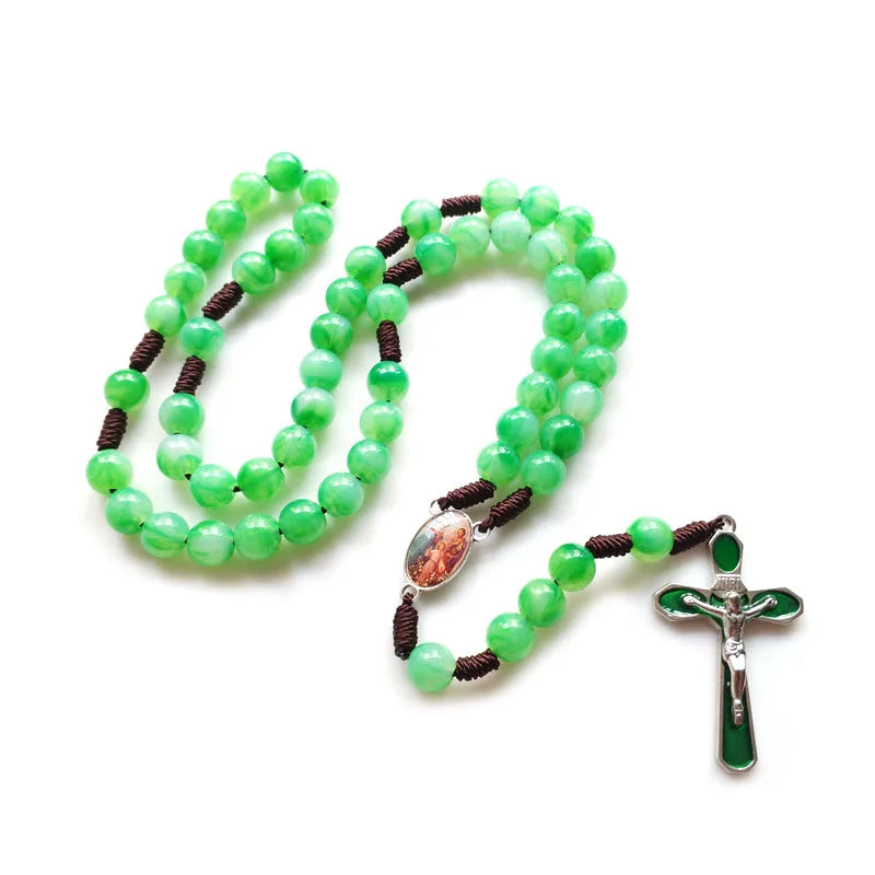 Strand Woven Rosary Necklace For Men Women Cross Pendant Acrylic Beads Religious Jewelry