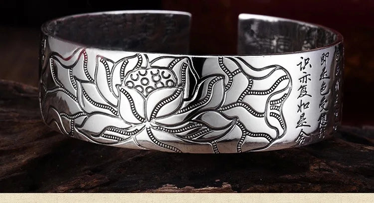 925スターリングシルバー 新作 レディース メンズ ファッションジュエリー レトロ 蓮の彫刻 仏教経典 祝福ブレスレット