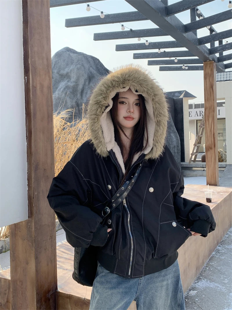 ZAROY レディース&amp;メンズ 冬用ジャケット Y2K ストリートウェア ファーカラー フード付き カジュアル ルーズコート 暖かい 原宿系 パーカー ゴシック パーカー куртк