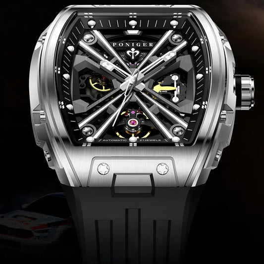 PONIGER New Men's Watch Automatic Movement Mechanical Tourbillon Design Men Watch Stainless Steel Case Waterproof Luminous Watch