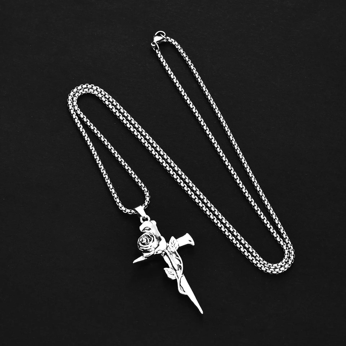 Vintage Rose Flower Cross Personality Trendy Jewelry for Men and Women Long Necklace Hip Hop Couple Alloy Pendant Sweater Chain