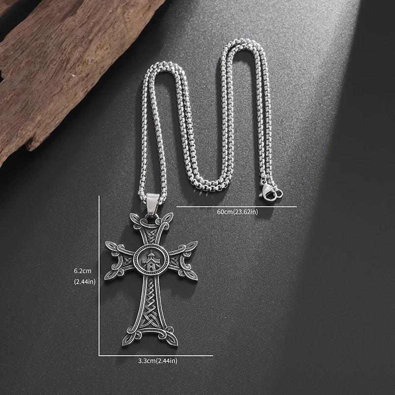 Stylish Valknut Celtic Cross Pendant Necklace Armenian Cross or Khachkar Cross Jewelry for Men