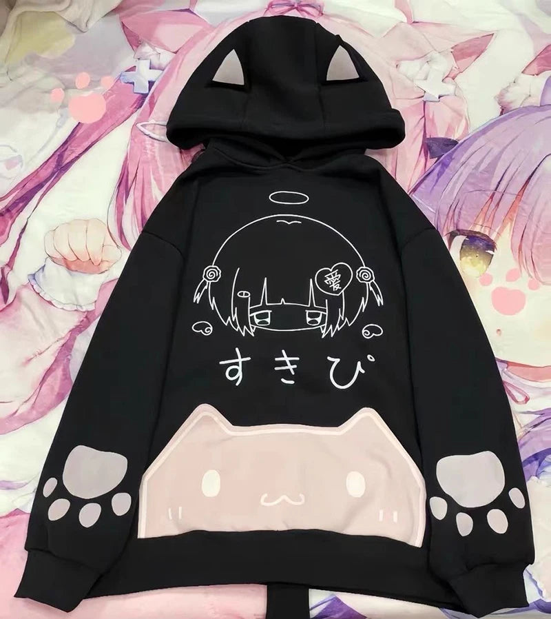 日本の漫画プリントパーカー サブカルチャー 甘くて可愛い猫耳 女性用フード付きスウェットシャツ 秋冬 原宿系 かわいい ゆったりトップス