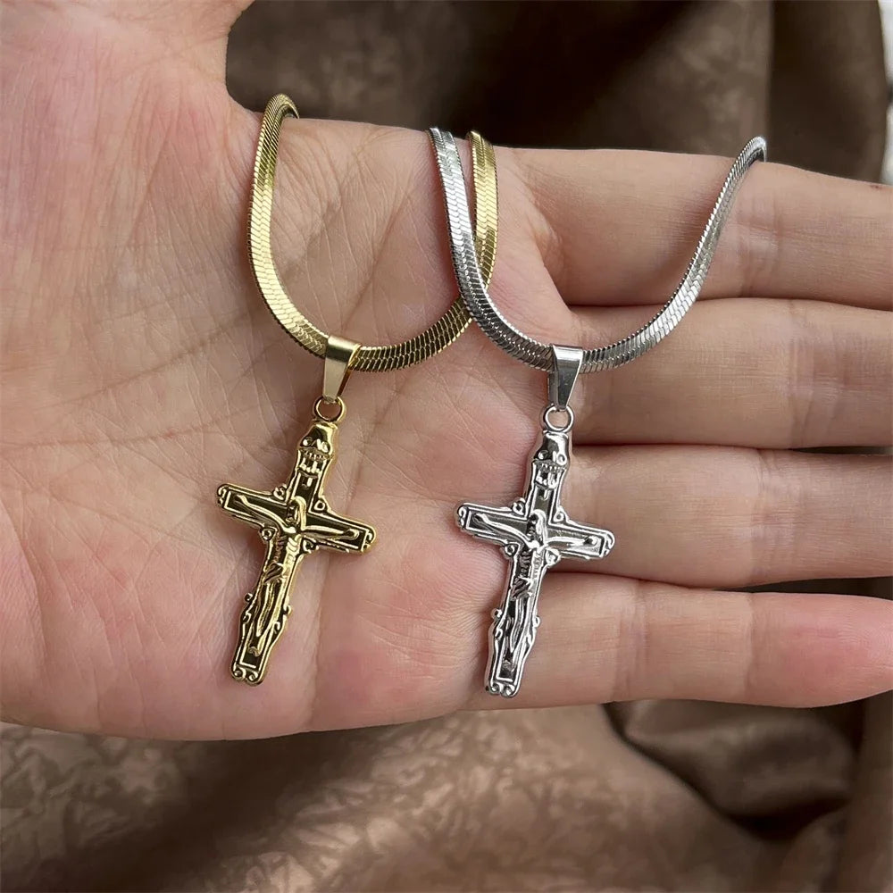 キリスト教イエス十字架ネックレス レディース メンズ ステンレススチールチェーン チョーカー 宗教的十字架ペンダント ジュエリー 祈り 洗礼ギフト