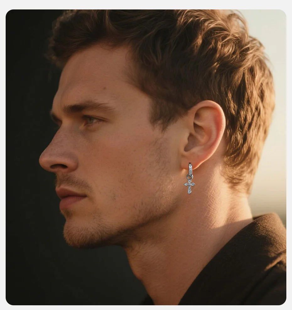 Vnox クロスペンダントフープイヤリング メンズ ボーイズ 27.6mm シルバーカラー 銅ジルコン パンクジュエリー ゴシックスタイル 誕生日パーティーギフト