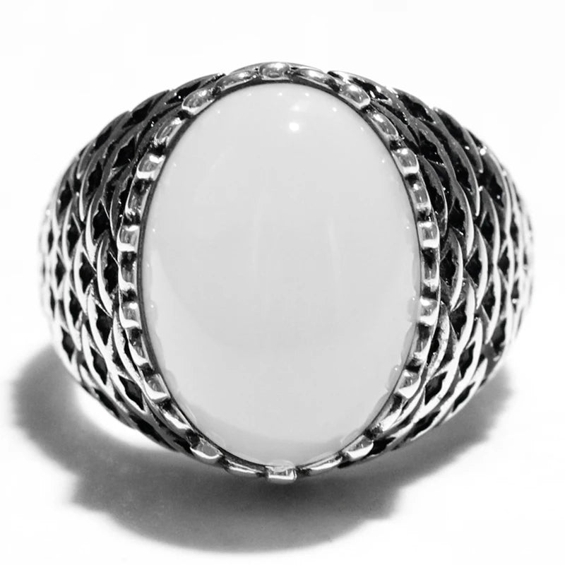 S925スターリングシルバーリングトルコメンズハンドメイドジュエリーギフト天然ホワイトアゲートヴィンテージパンクラグジュアリーホリデーギフト