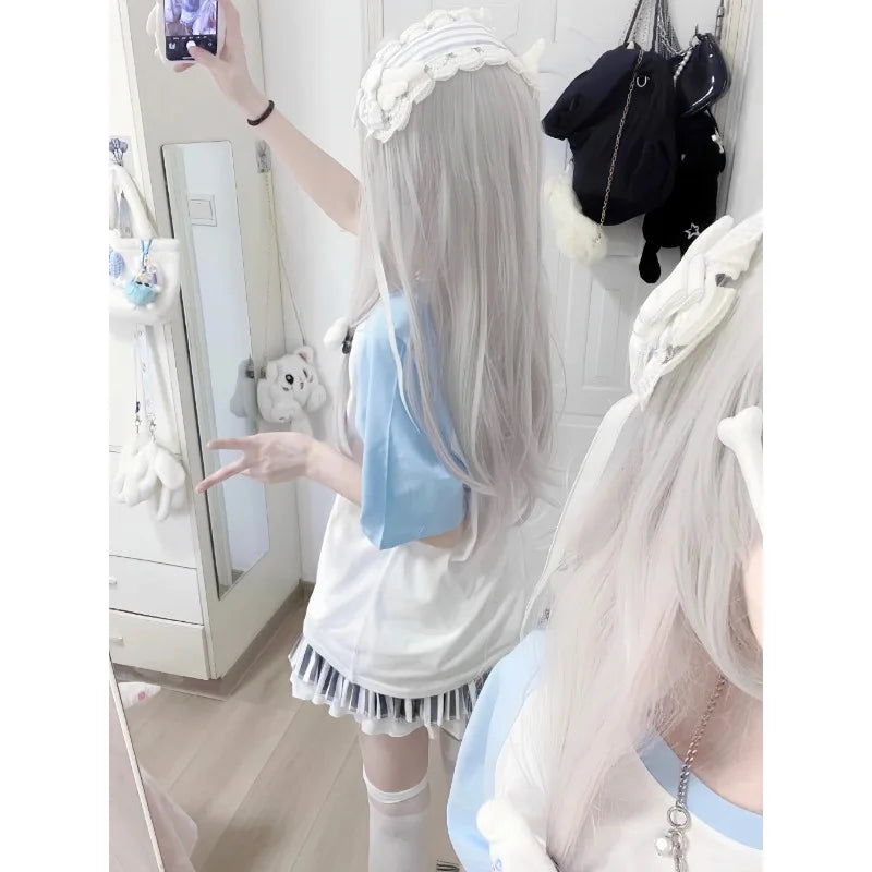 Girls Tees Popular Japanese Harajuku Cute Summer 2024 New Bule Subculture Short-sleeved T-shirt Pulovers Women Short Tops