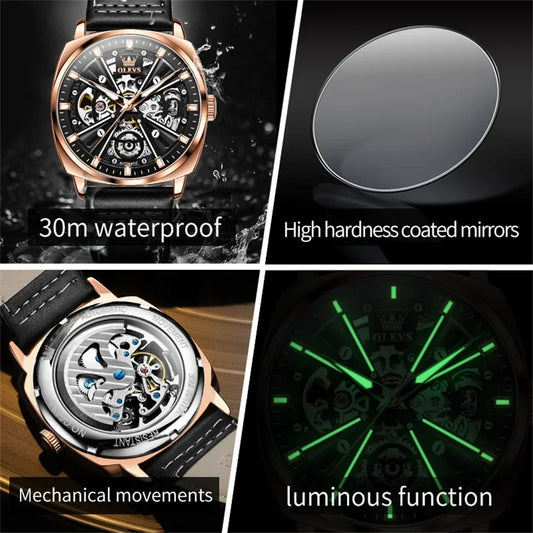 OLEVS Mens Watch Automatic Mechanical Watch Business Leather Strap Tourbillon Watch for Men Waterproof Luminous Wristwatch Clock