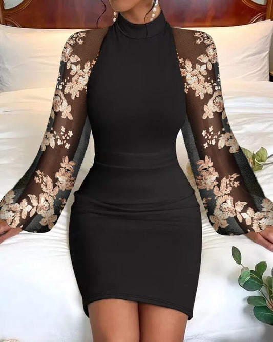 Autumn and Winter Women's Fashion Black Lace Long sleeved Wrapped Hip Waist Dresses Elegant Round Neck Off Shoulder Mini Dress