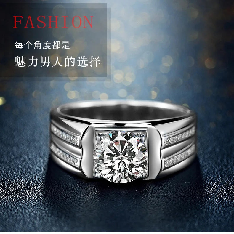 高級ソリッド925スターリングシルバーラウンドダイヤモンドリングメンズクラシックウェディングセレモニーリングまばゆいばかりの男性アクセサリージュエリーホット