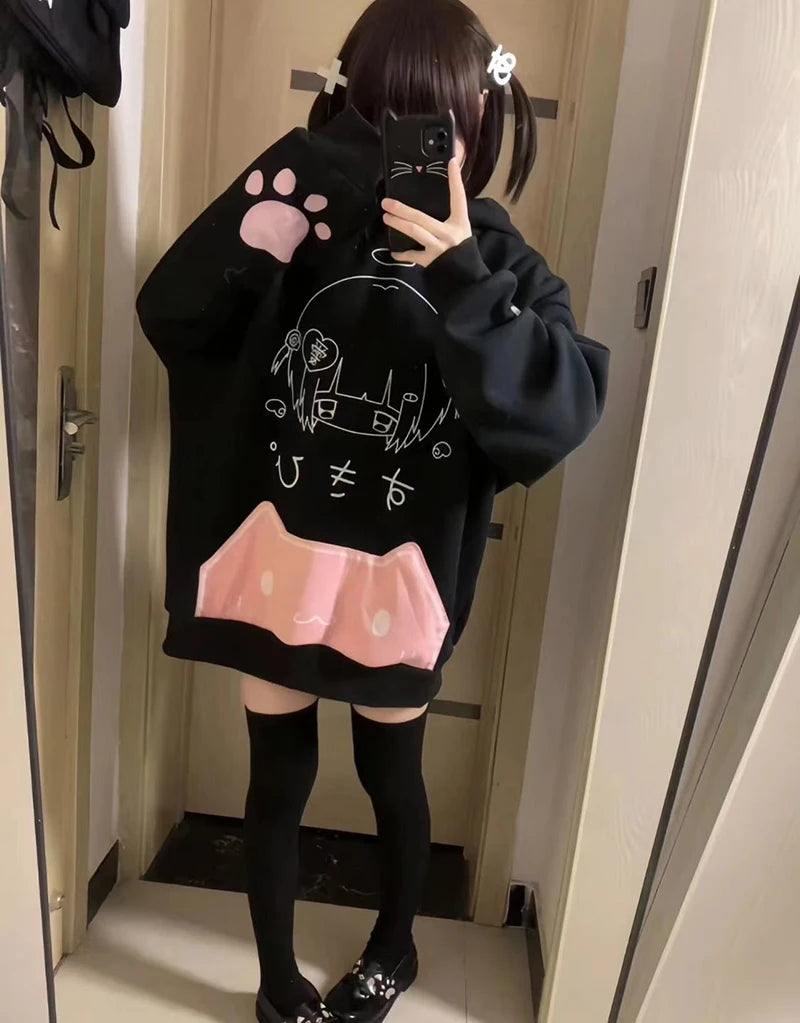 日本の漫画プリントパーカー サブカルチャー 甘くて可愛い猫耳 女性用フード付きスウェットシャツ 秋冬 原宿系 かわいい ゆったりトップス