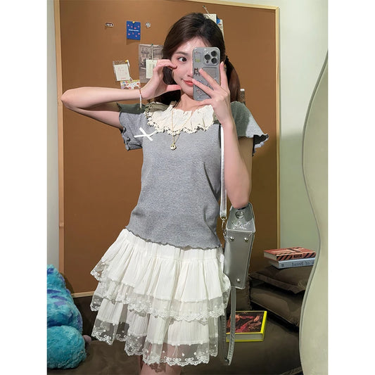 White Lace Splice A-Line  Skirt Flota Sweet Anti-Aging Girl Sle Cake Skirt Slimming High Waist Polyester Fibre