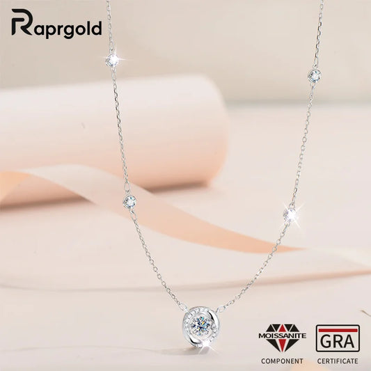 RAPRGOLD GRA Certified Moissanite Round Dancing Pendant Necklaces for Women 925 Sterling Silver Jewelry Chains for Wedding Gifts