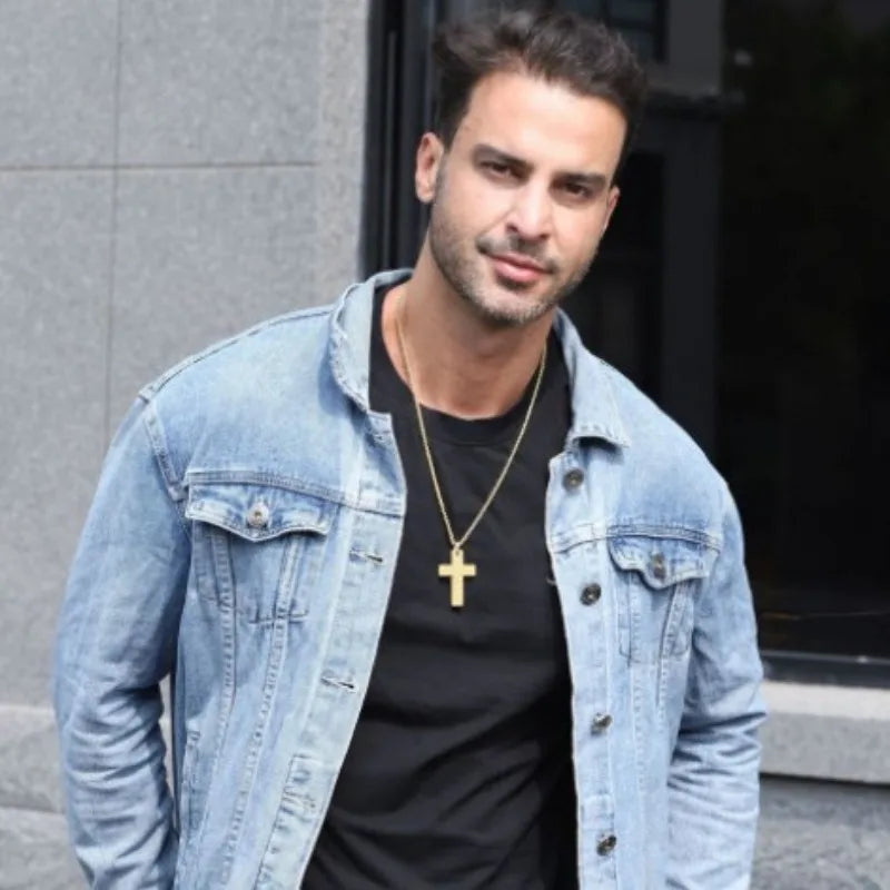 クールな男性と女性のためのリンクチェーンチャーム付きクロスペンダントネックレスのファッションステンレススチールヴィンテージデザインブラックペンダント