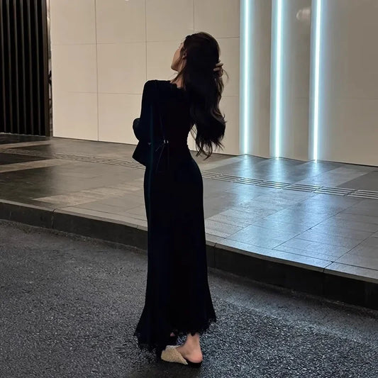 Black Lace Splice Bodycon Long Sleeve V-neck Princess Style Fish Tail Dress Women's Autumn Winter New Waist-cinching Gown