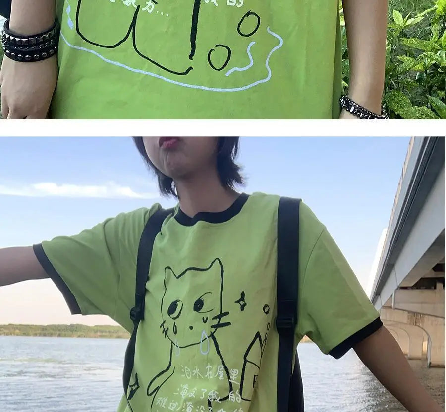 日本のサブカルチャー かわいい猫プリント 半袖Tシャツ レディース 夏 ヴィンテージ グリーン カジュアル ゆったり スウィートガール Y2K トップス