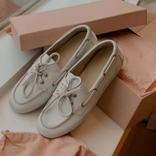 Women's Loafers Shoes Genuine Leather High Quality Round Toe Soft Bottom Flat Shoes Lace Up Breathable Ladies Casual Shoes 2025