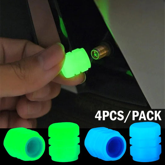4 Universal Fluorescent Luminous Tire Valve Stem Covers Car Tire Valve Cap Green /Yellow/Blue/Red Fluorescent Powder