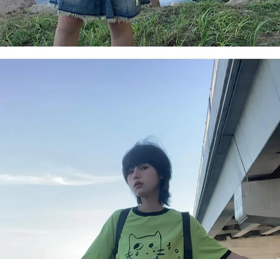日本のサブカルチャー かわいい猫プリント 半袖Tシャツ レディース 夏 ヴィンテージ グリーン カジュアル ゆったり スウィートガール Y2K トップス